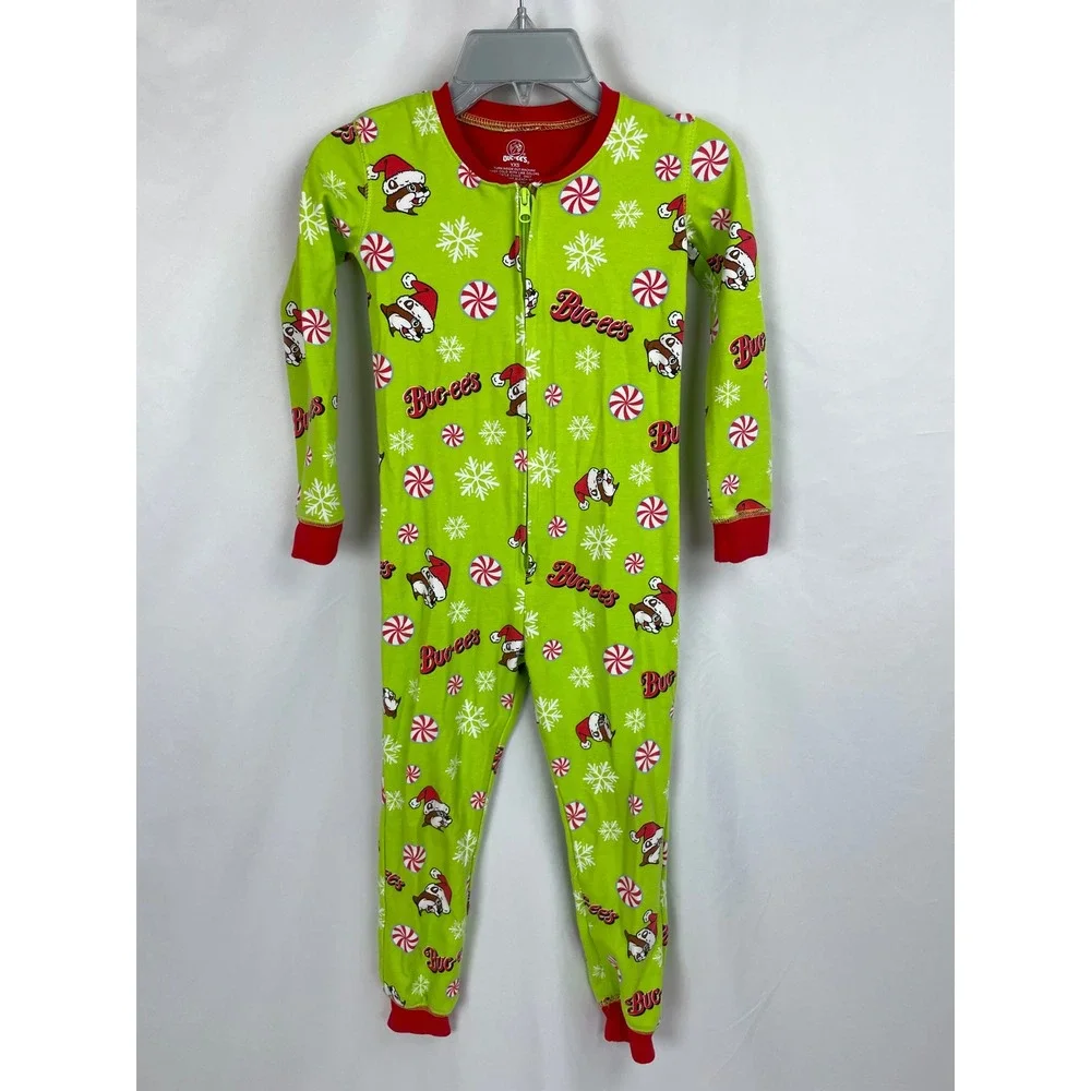 Buc-ee's Youth XS Green Romper Santa Beaver Christmas Holiday PJ One Piece